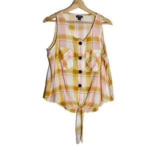 A.N.A Sleeveless Yellow-Plaid Petite Button-Up Blouse Sz Med